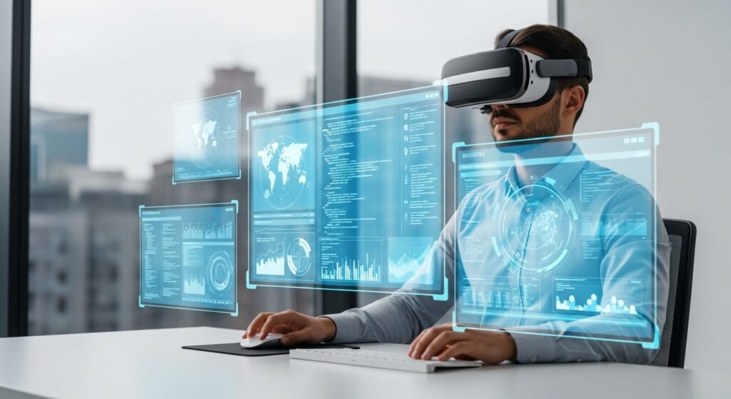 mixed reality headset remote work virtual monitors setup by artisan anthology.