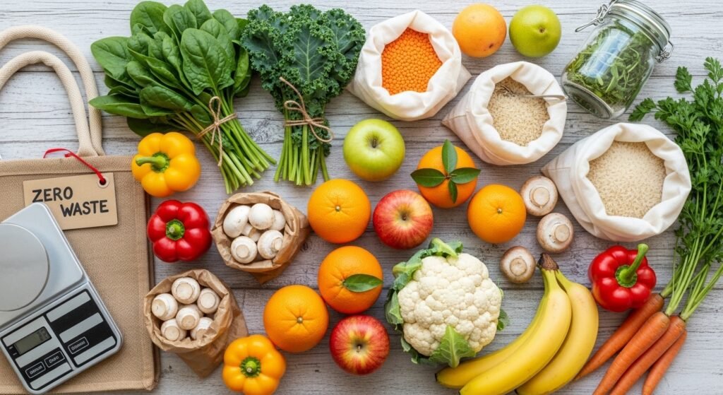 plastic free produce for zero waste grocery shopping by artisan anthology.