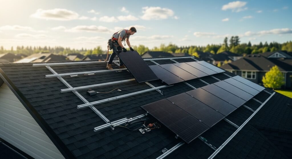 solar panel installation on home roof for renewable energy by artisan anthology.