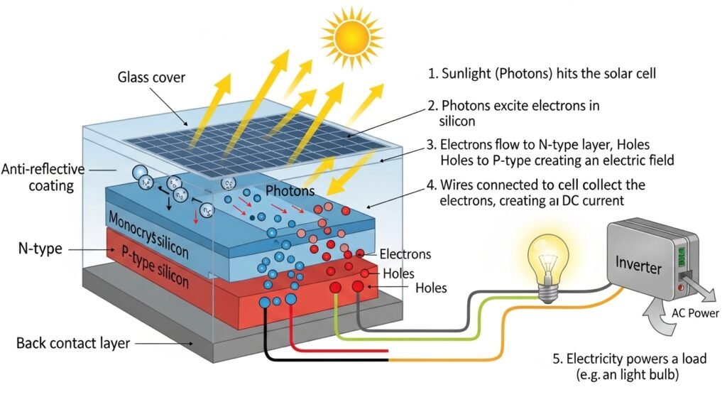 solar panel system diagram showing electricity generation process by artisan anthology.