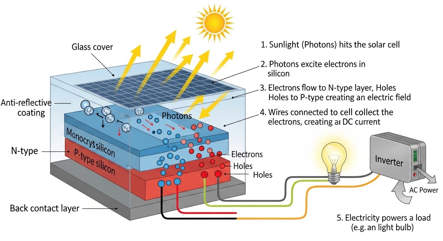 solar panel system diagram showing electricity generation process by artisan anthology.