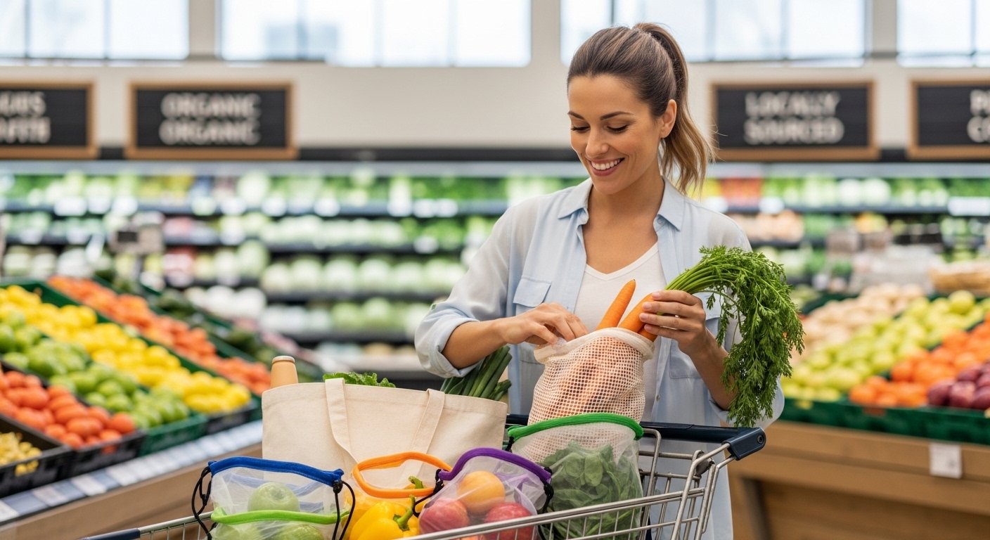 sustainable grocery shopping with reusable produce bags by artisan anthology.