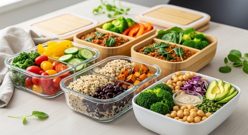 sustainable meal prep containers with healthy plant based meals by artisan anthology.