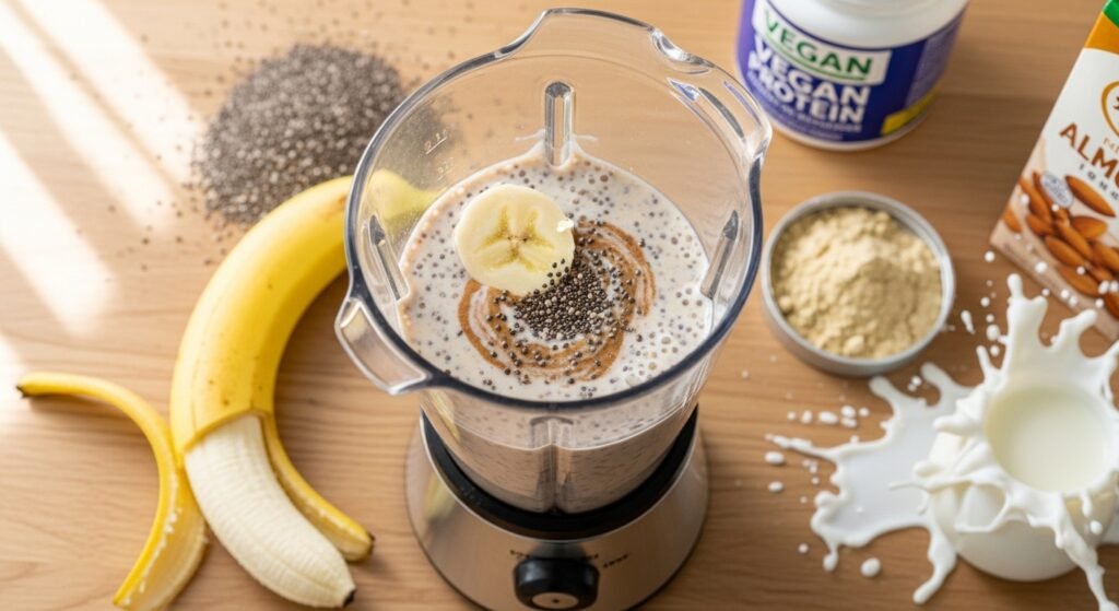 vegan protein smoothie made with plant-based protein powder by artisan anthology.