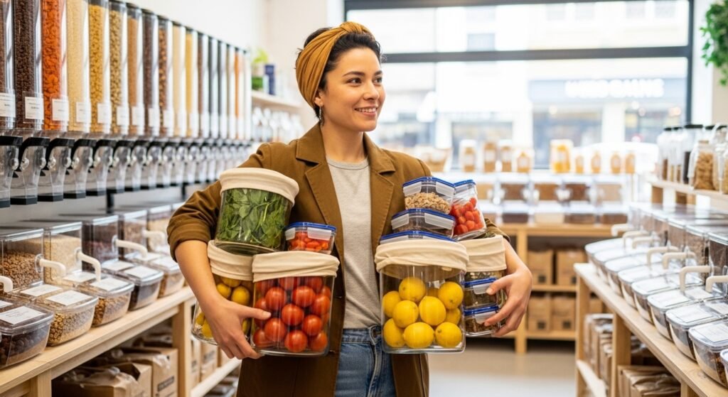 zero waste grocery shopping with reusable containers by artisan anthology.