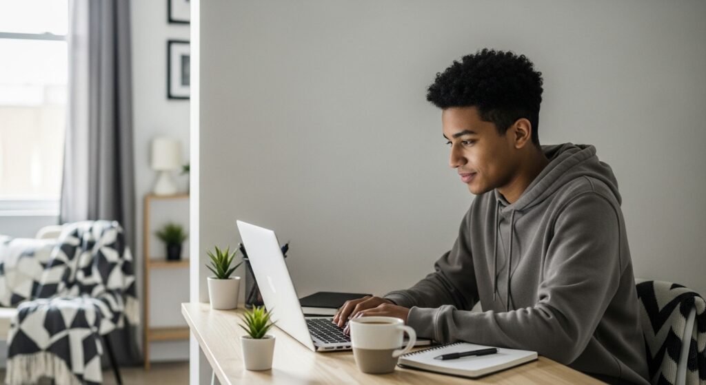 student freelancing work from home setup by artisan anthology llc.