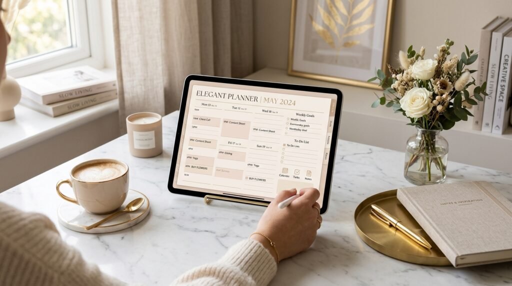 Aesthetic digital planner displayed on luxury desk workspace by artisan anthology llc.