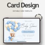 Artisan Anthology - Up and Away Teddy Bear Baby Shower Invitation - Blue Watercolor Hot Air Balloon Canva Template