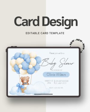 Artisan Anthology - Up and Away Teddy Bear Baby Shower Invitation - Blue Watercolor Hot Air Balloon Canva Template