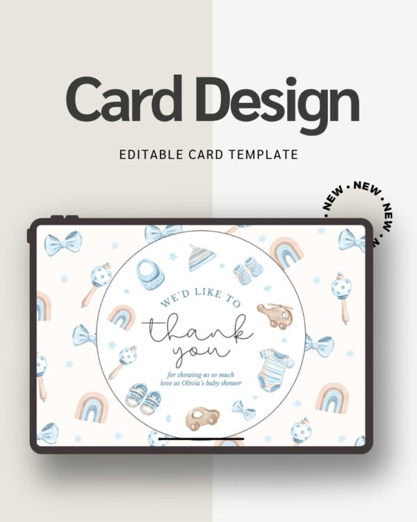 Artisan Anthology - Watercolor Baby Shower Thank You Card - Blue Bows & Rattles Canva Template