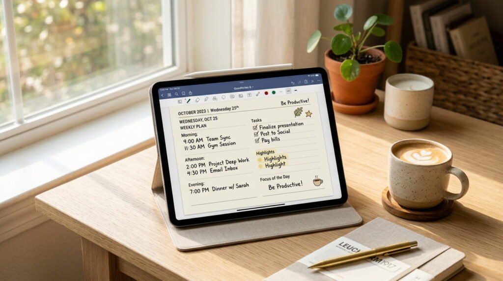 Best digital planner for GoodNotes displayed on iPad workspace by artisan anthology llc.