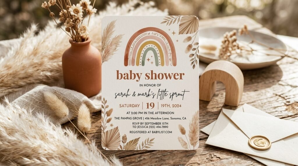 Boho baby shower invitation template design by artisan anthology llc.
