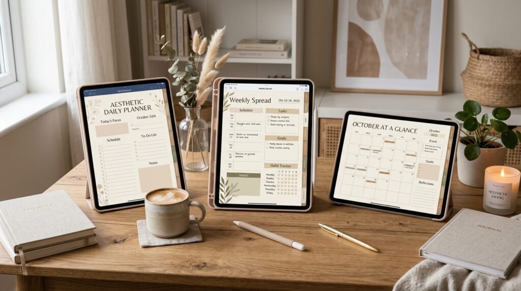 Collection of aesthetic digital planners available for instant download by artisan anthology llc.
