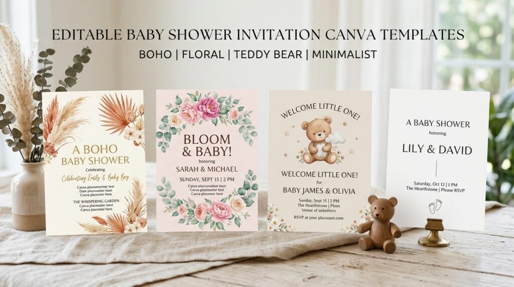 Collection of editable baby shower invitation Canva templates by artisan anthology llc.