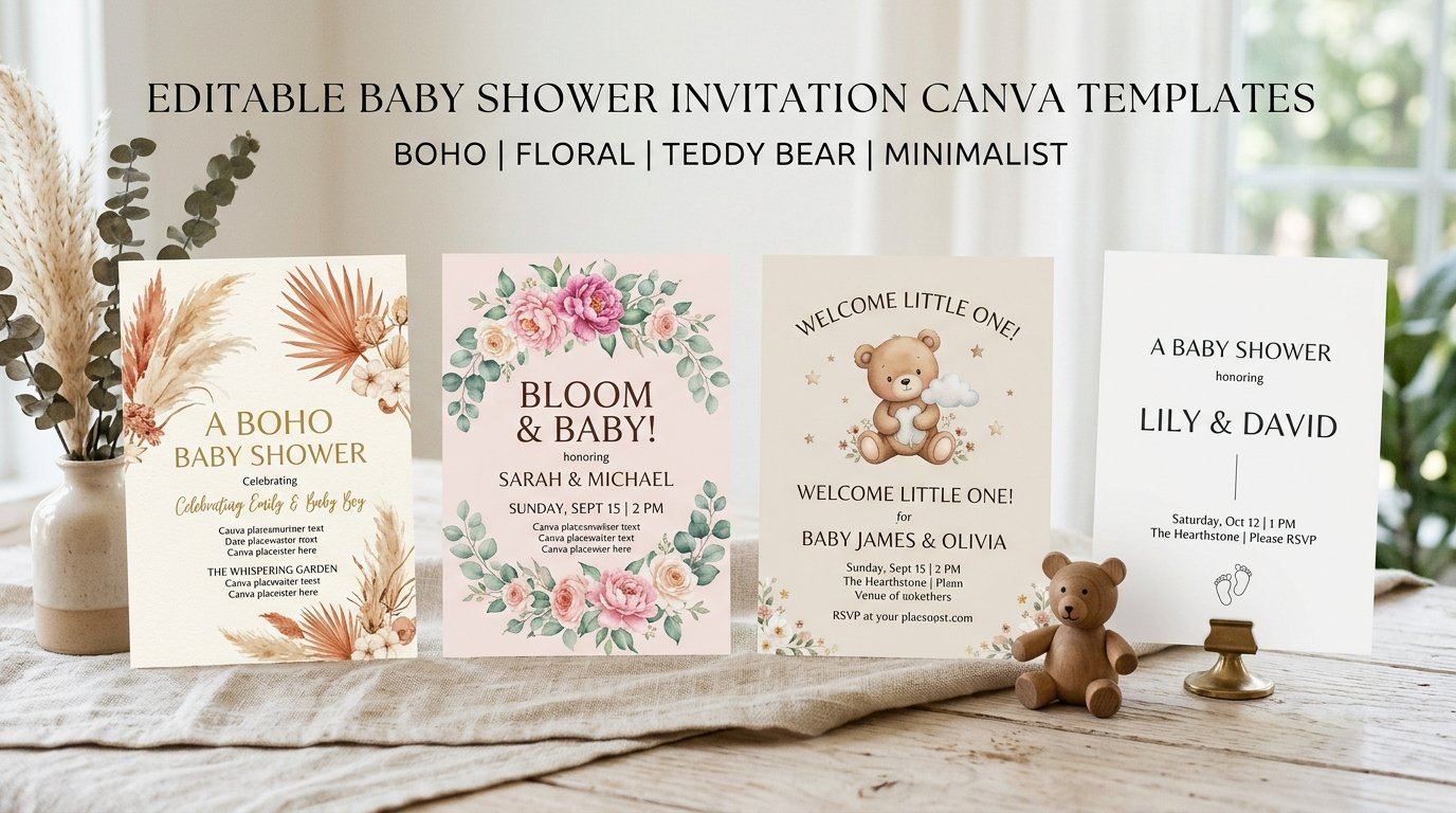 Collection of editable baby shower invitation Canva templates by artisan anthology llc.