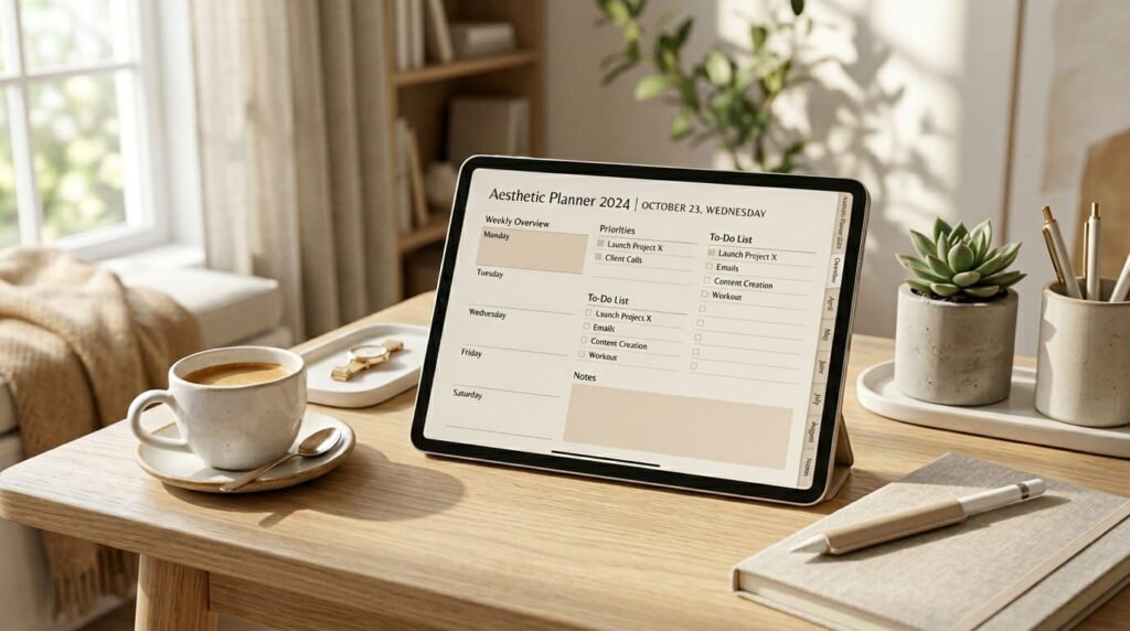 Digital planner on iPad showing productivity dashboard on aesthetic desk setup by artisan anthology LLC