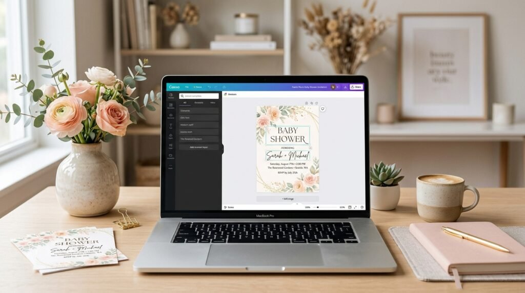 Editable baby shower invitation Canva template displayed on a modern laptop by artisan anthology llc.