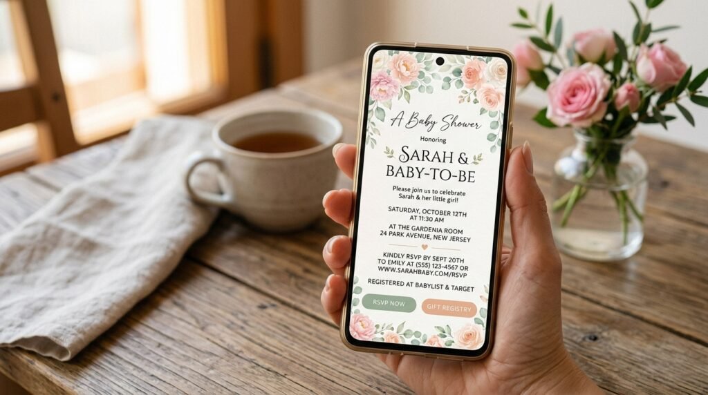 Editable baby shower invitation Canva template on mobile phone by artisan anthology llc.