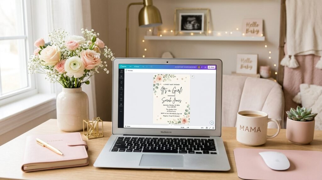 Editable printable luxury baby shower invitation template on laptop by artisan anthology llc.