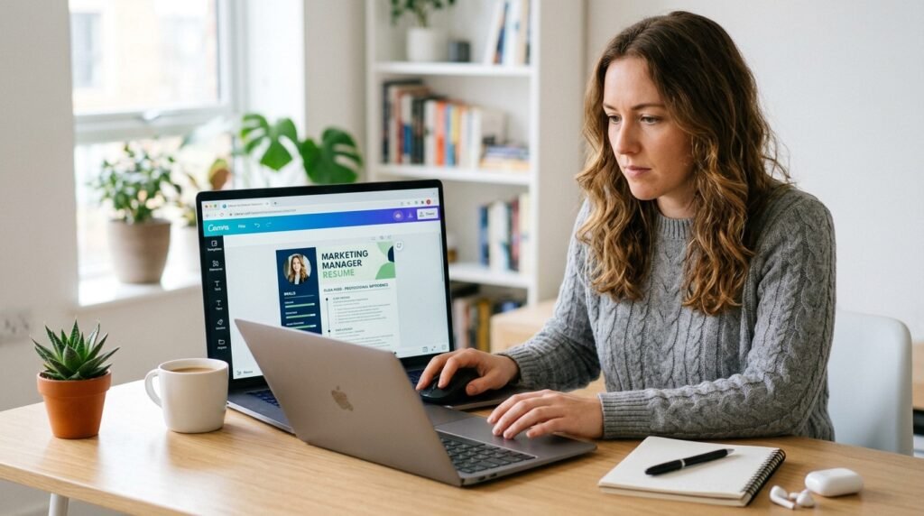 Editing Canva CV template online by artisan anthology llc.