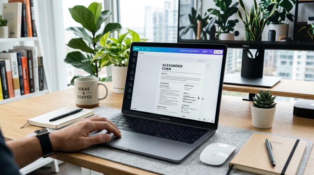 Editing minimalist resume template in Canva by artisan anthology llc.