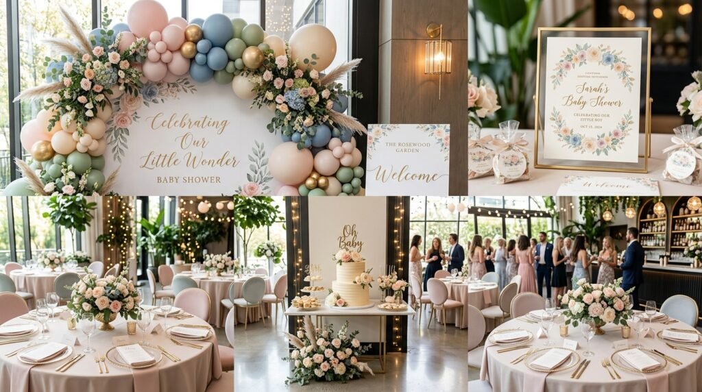 Elegant baby shower setup inspired by luxury invitation design by artisan anthology llc.