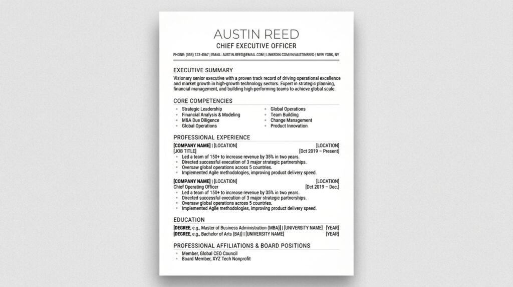 Executive minimalist corporate resume template by artisan anthology llc.