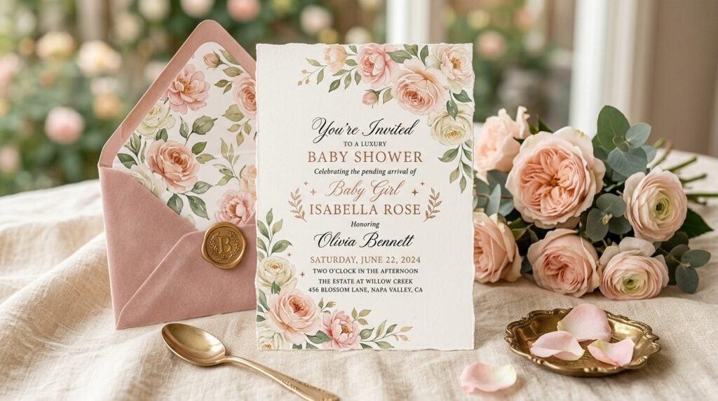 Floral luxury baby shower invitation template by artisan anthology llc.