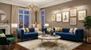 Gold accent luxury printable wall art in glamorous living room by artisan anthology llc.