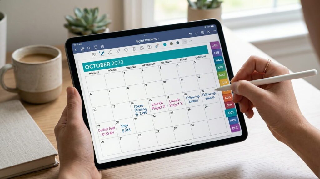 Hyperlinked digital planner navigation inside GoodNotes by artisan anthology llc.