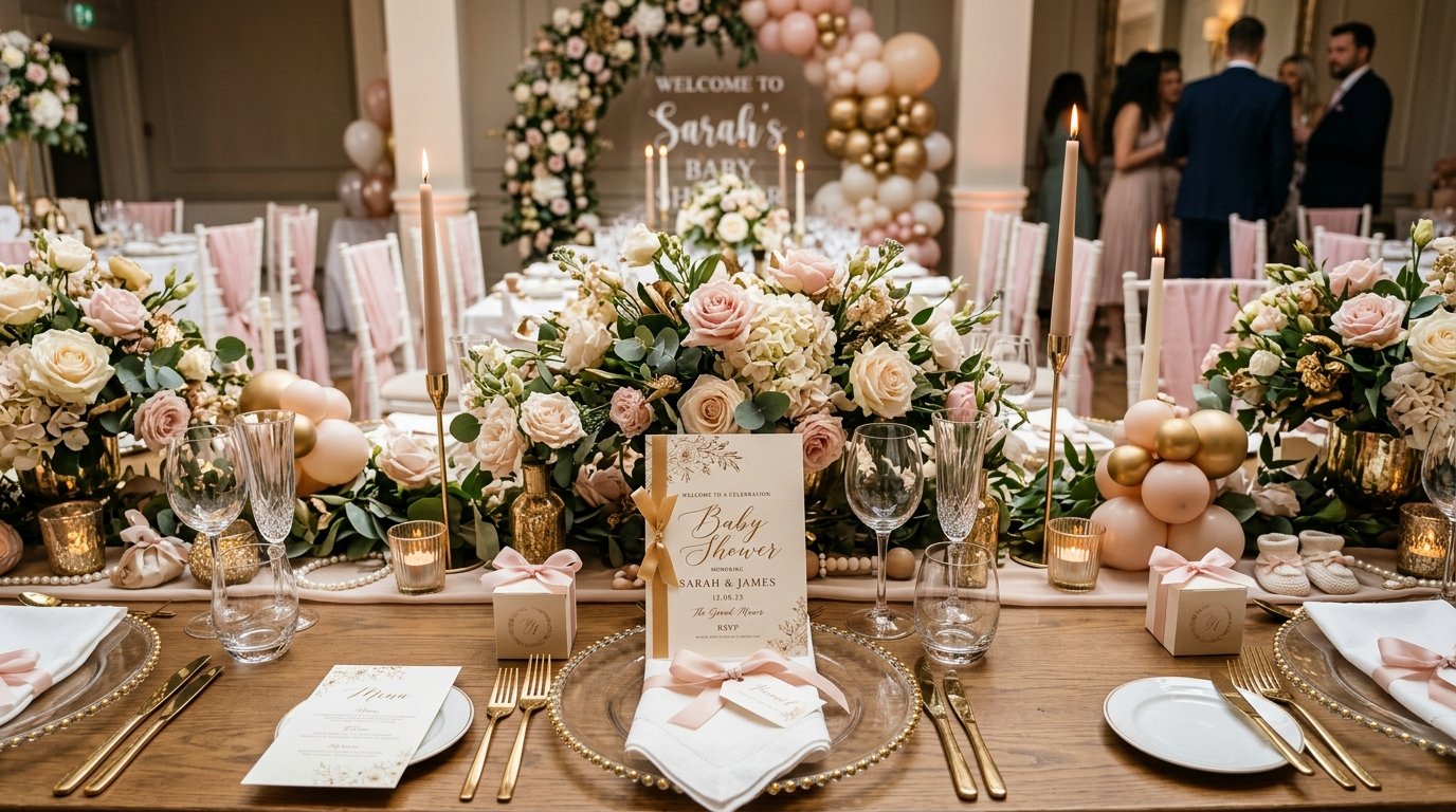 Luxury baby shower invitation displayed in elegant event setting by artisan anthology llc.