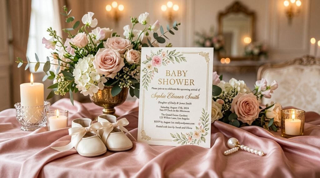 Luxury baby shower invitation template for elegant celebrations by artisan anthology llc.