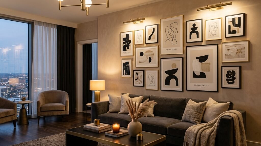 Luxury gallery wall with printable abstract wall art for living room by artisan anthology llc.