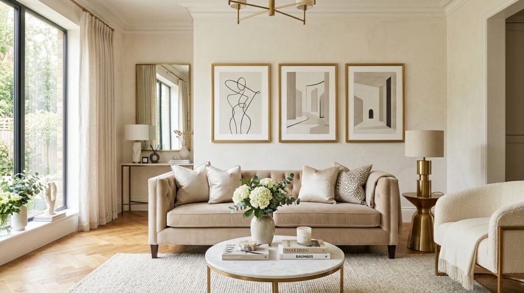 Luxury printable wall art displayed in a modern elegant living room by artisan anthology llc.