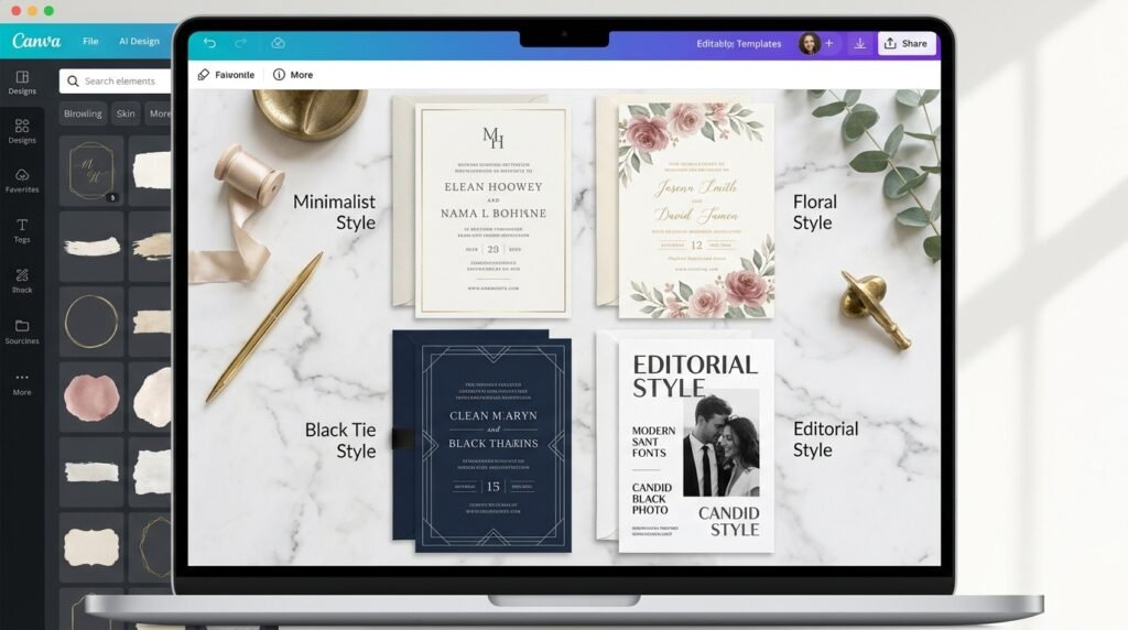 Luxury printable wedding invitation Canva template collection by artsian anthology llc.