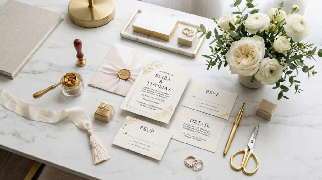 Luxury printable wedding invitation Canva template on elegant desk by artisan anthology llc.