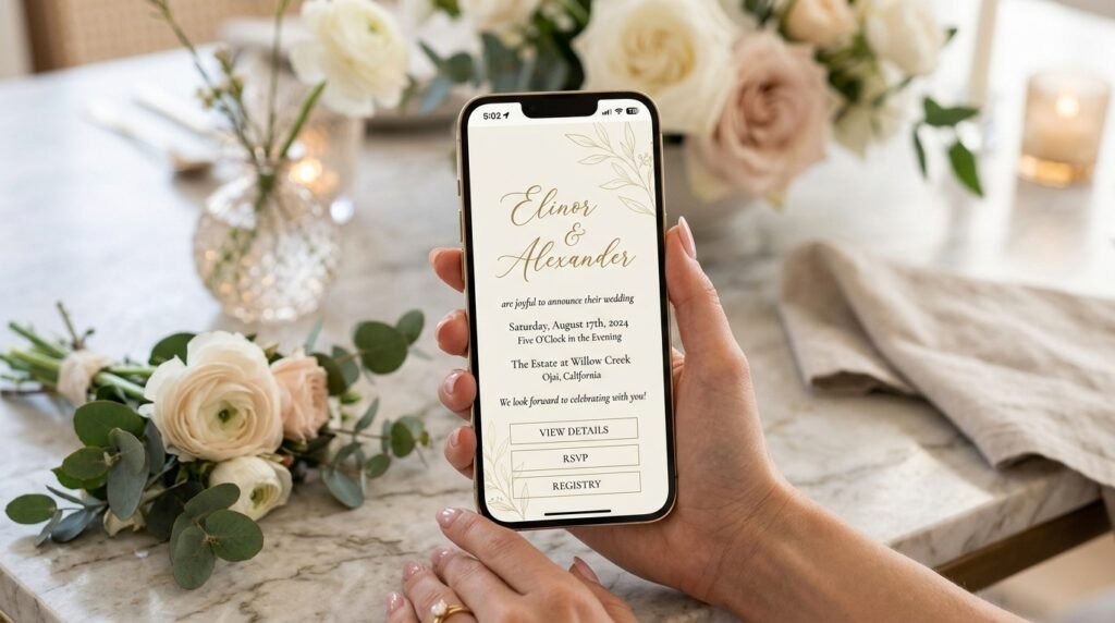 Luxury printable wedding invitation template shown on smartphone  by artisan anthology llc.