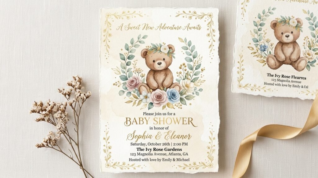 Luxury teddy bear baby shower invitation by artisan anthology llc.
