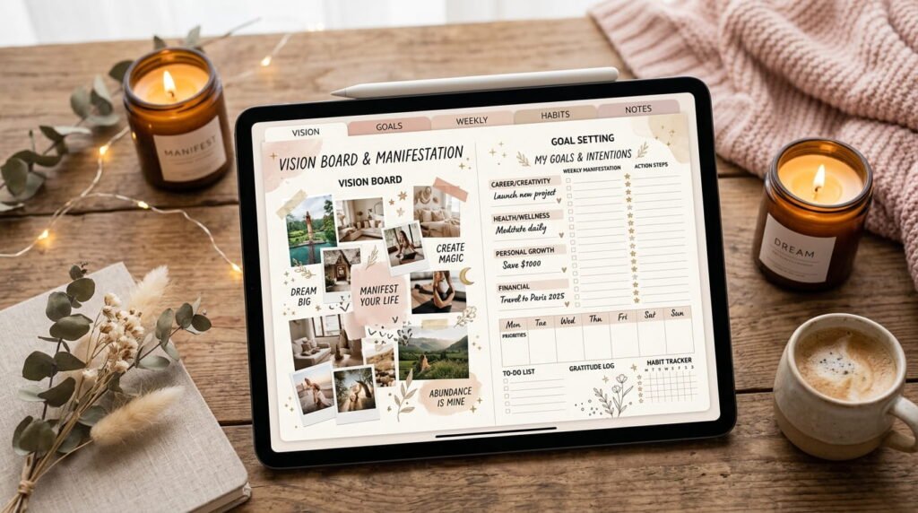 Manifestation digital planner with vision board and goal setting layout BY ARTISAN ANTHOLOGY LLC