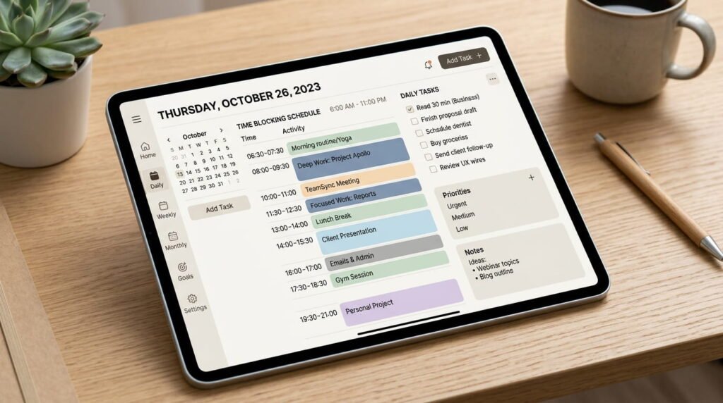 Minimal digital planner interface showing structured daily productivity system BY ARTISAN ANTHOLOGY LLC
