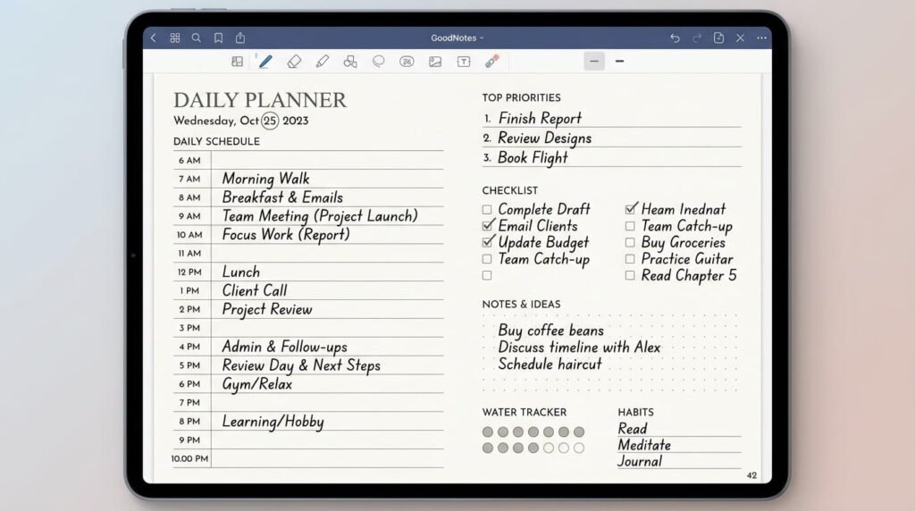 Minimal digital planner layout for GoodNotes productivity by artisan anthology llc.