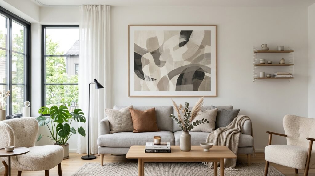 Minimalist luxury living room with neutral printable wall art by artisan anthology llc.