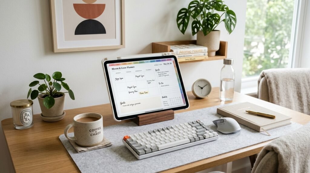 Modern productivity workspace with aesthetic digital planner by artisan anthology llc.