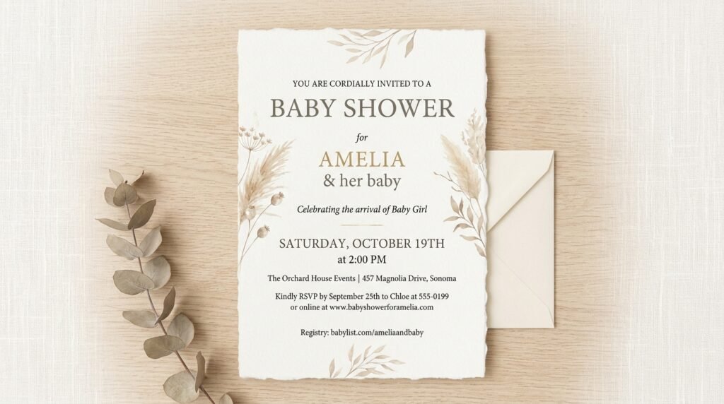 Neutral Canva baby shower invitation template by artisan anthology llc.