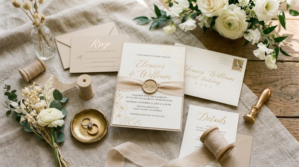 Neutral luxury Canva wedding invitation by artisan anthology llc.