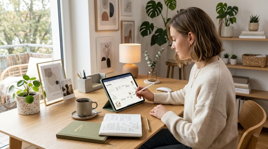 Organized workspace with aesthetic digital planner by artisan anthology llc.
