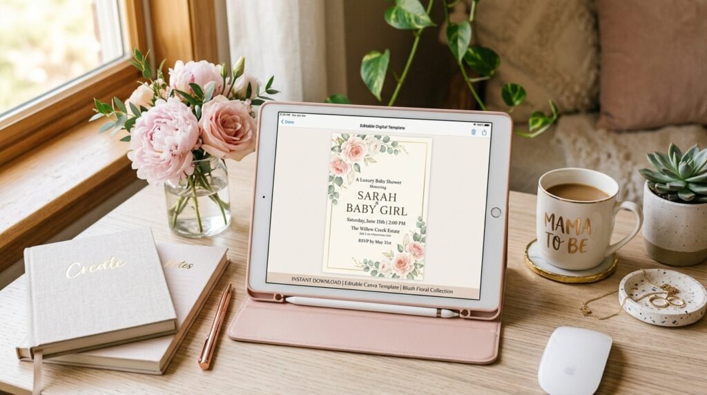Printable luxury baby shower invitation instant digital download by artisan anthology llc.