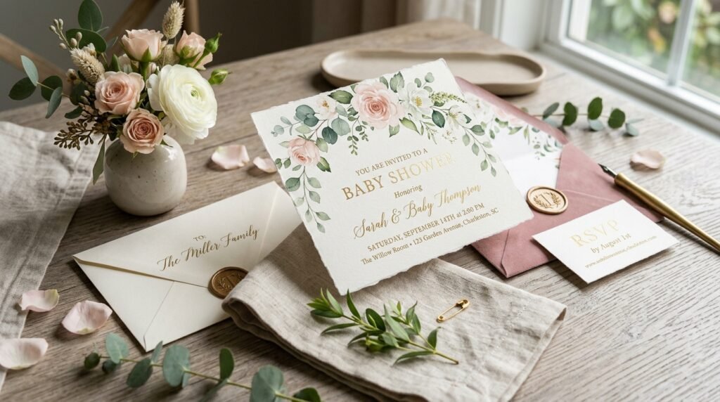 Printable luxury baby shower invitation professionally printed by artisan anthology llc.