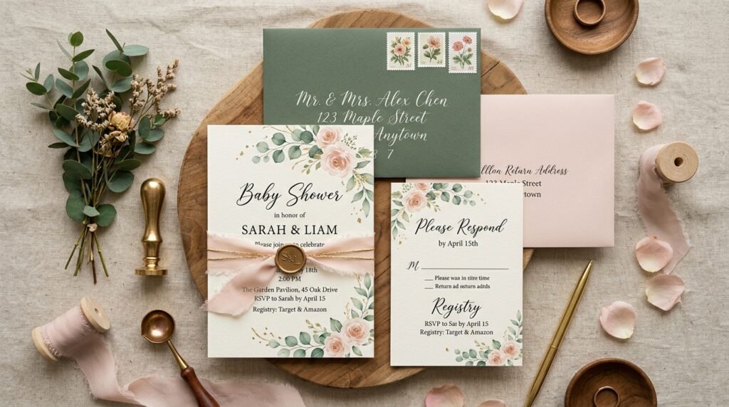 Printed Canva baby shower invitation suite by artisan anthology llc.