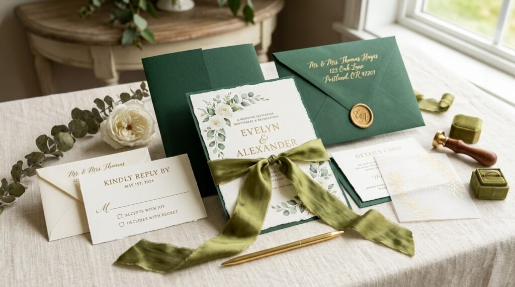 Printed Canva wedding invitation suite by artisan anthology llc.